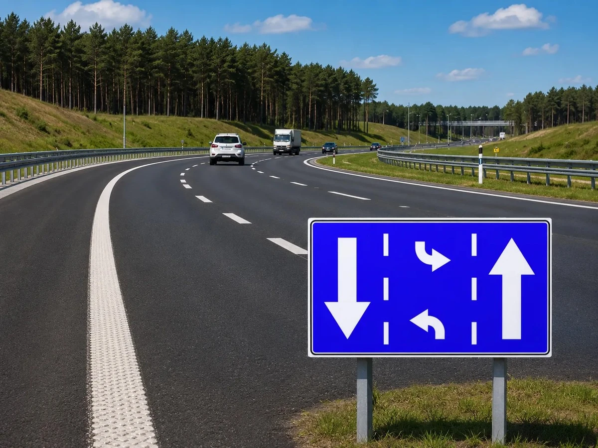 Proč zkušení řidiči v Polsku chybně předjíždějí na modré značce se čtyřmi šipkami